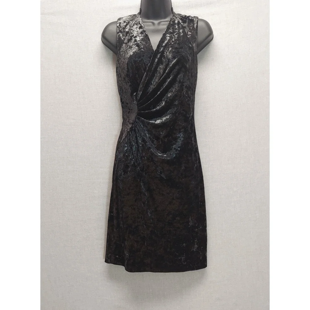 Elie Tahari Y2K Sleeveless Shimmer Velvet Dress S Black Faux Wrap Bodycon Glam